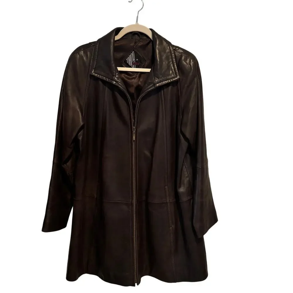 Tibor Leathers Vintage Long Line Dark Brown Zip Front Leather Coat Women's M